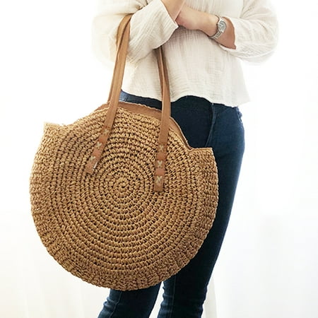 Bench Bar For Sale Round Straw Woven Rattan Bag Beach Tote Bag for Women Ladies Girls Vintage Handmade Woven Handbags Summer Crossbody Messenger Shoulder Bags ()