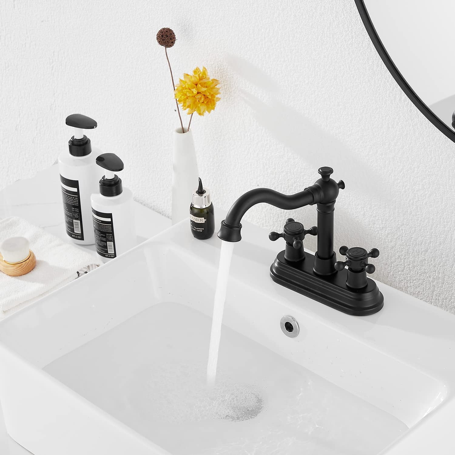 GGStudy Bathroom Faucet Matte Black 2 Handles 4 Inches Centerset RV Black Bathroom Vanity Faucet with Drain Assembly and Supply Hose Lavatory Faucet Mixer Double Handle Tap