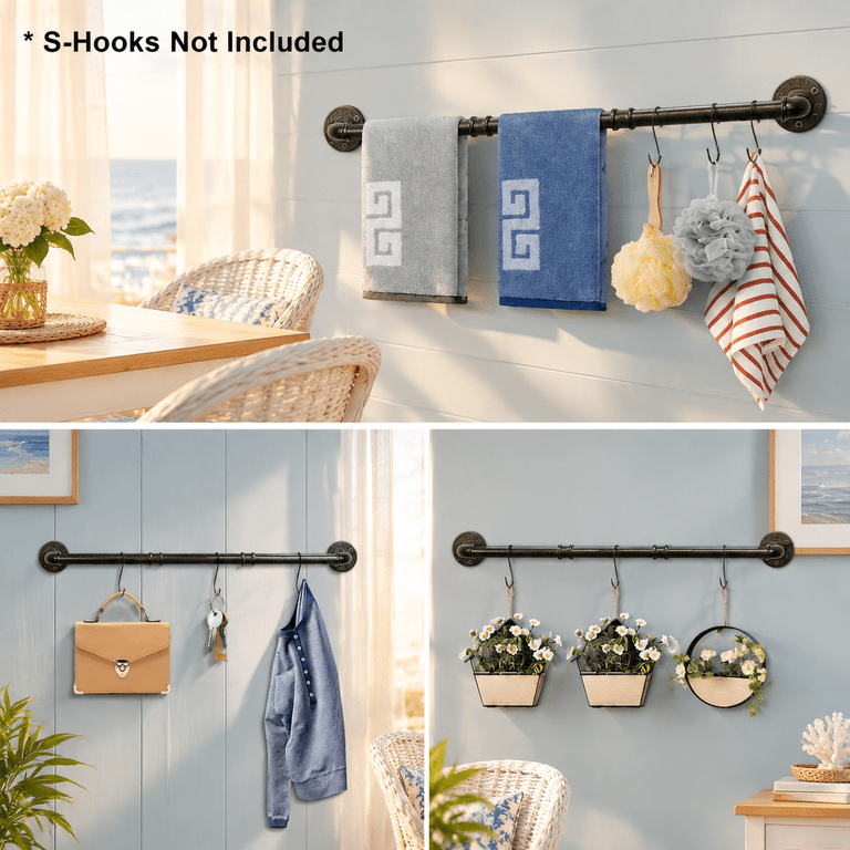 50 Inch Black Industrial Pipe Wall Mounted Towel Bar Heavy Duty Rustic ...