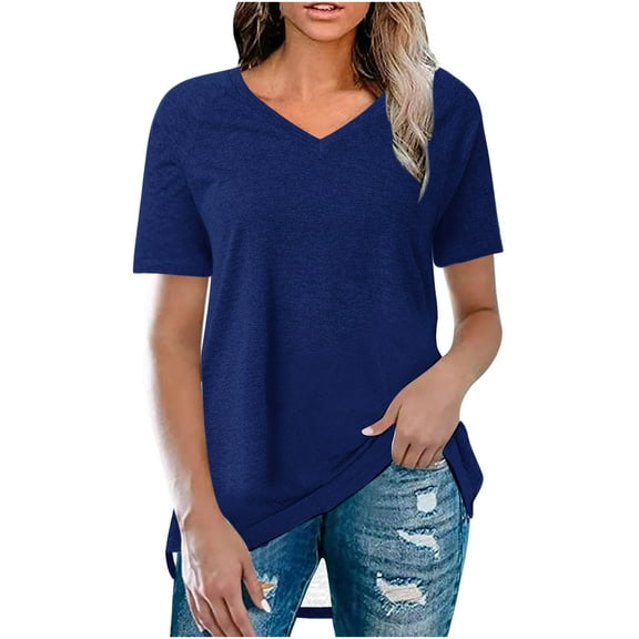 Summer Basic Tops for Women Casual V-Neck Top Solid Color Short Sleeve Loose T-Shirt