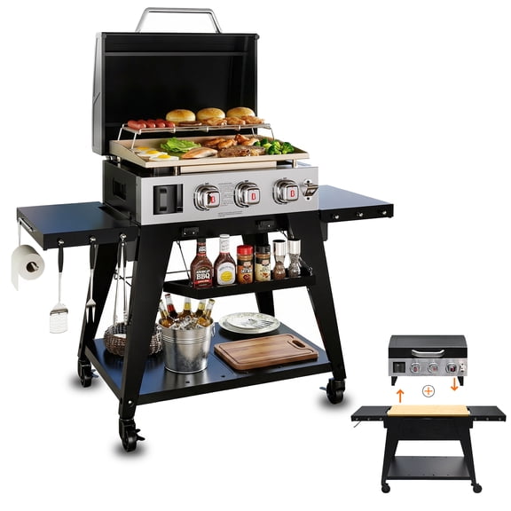 Fintex Adventure Ready Outdoor Griddle, 3-Burner Propane Flat Top Grill with Stand, 504 Sq. In，Black