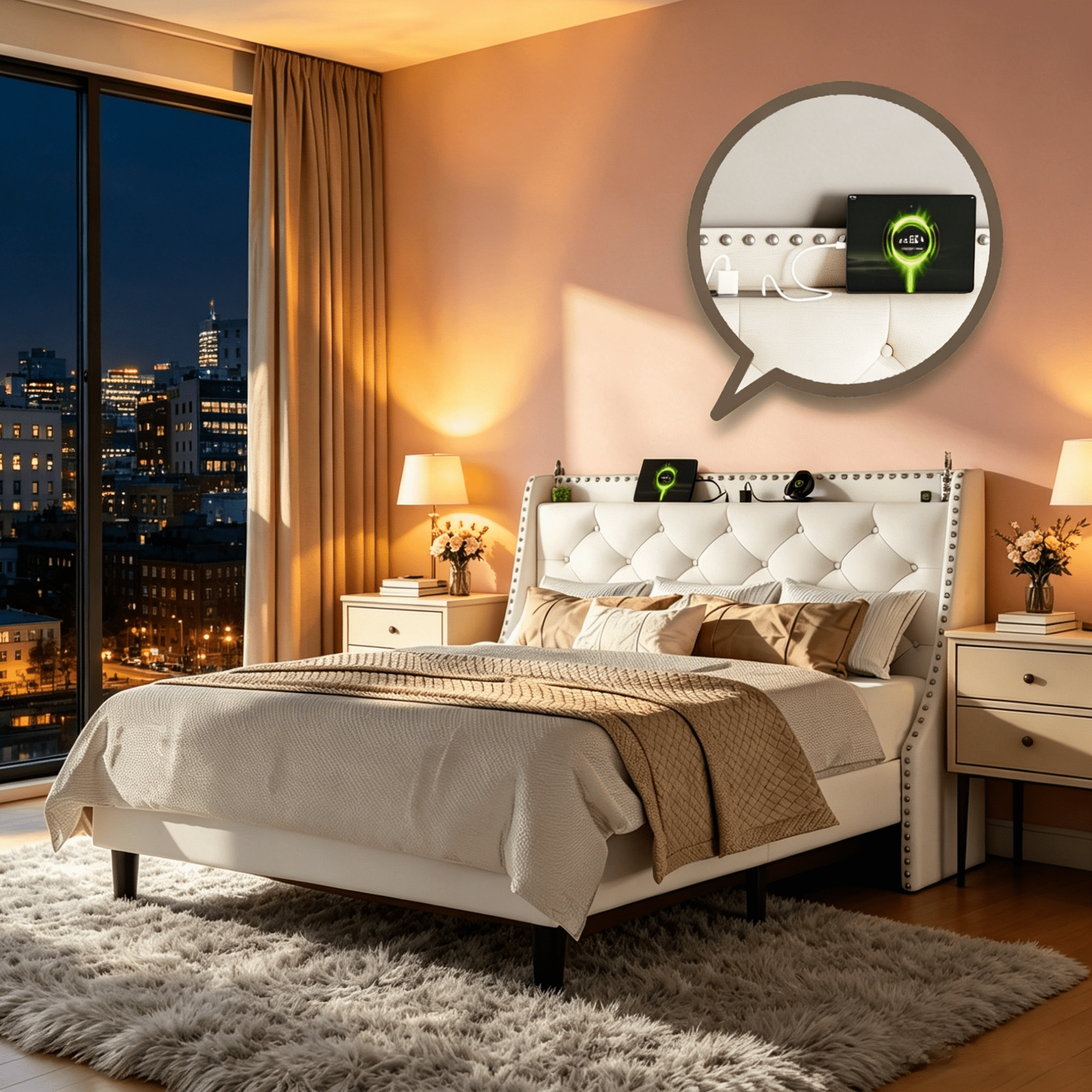 Gewnee King Size Upholstered Platform Bed with Wingback Storage Headboard,Built-in Charging Station,16” Wide Button Tufted Headboard with Nailhead Trim,8” Underbed Storage,White