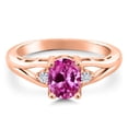 thumbnail image 3 of Gem Stone King 18K Rose Gold Plated Silver Pink Created Sapphire and White Moissanite 3 Stone Engagement Ring for Women | 1.73 Cttw | Oval 8X6MM | Round 2MM | Gemstone September Birthstone | Size 5, 3 of 6