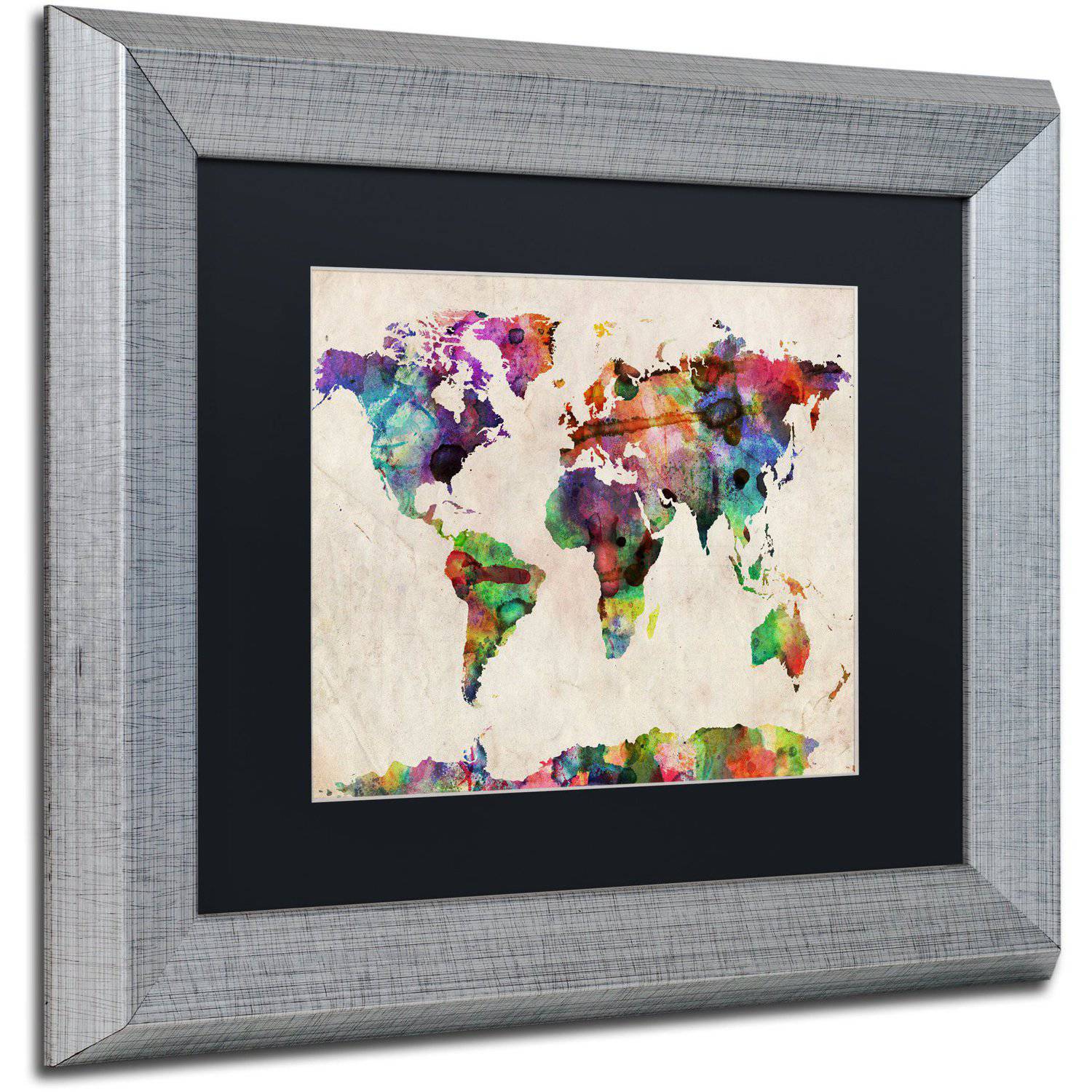 Trademark Fine Art "Urban Watercolor World Map" Canvas Art by Michael Tompsett Black Matte, Silver Frame