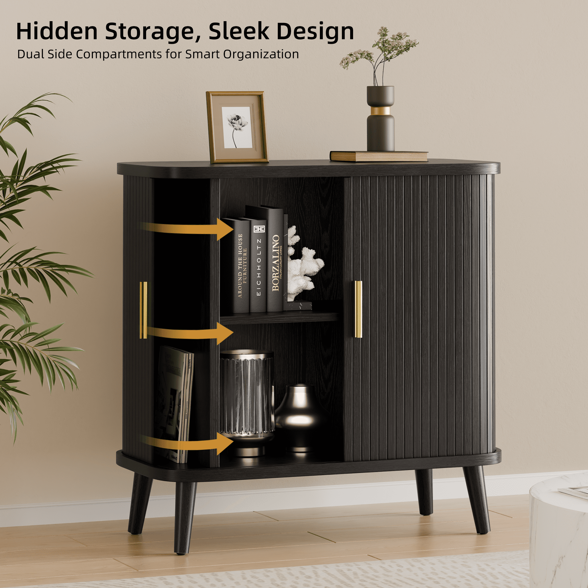 Laintene Buffet Cabinet with Storage, 31" Kitchen Sideboard with 2 Sliding Tambour Doors, Fluted Storage Cabinet with Adjustable Shelves, Entryway Cabinet for Living Room, Black