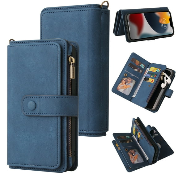 Nalacover Wallet Case for iPhone 14 Plus, [15 Card Slots] [Zipper Pocket] Vintage PU Leather Flip Folio Cover with Magnetic [Wrist Strap] [Kickstand] Skin-Feeling Shockproof Case,Blue