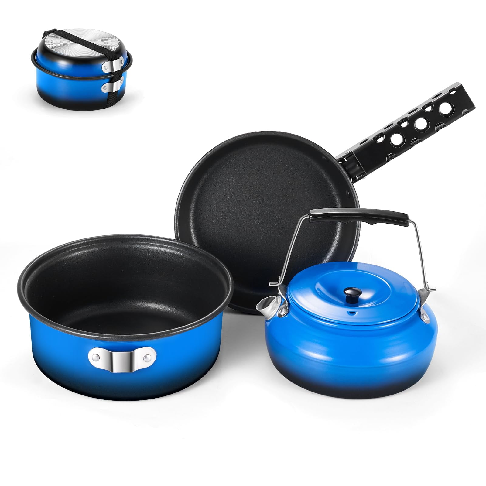 5pcs Camping Cookware Non-stick Pot And Pan Set With Kettle Removable Handle For Hiking Backpacking Picnic