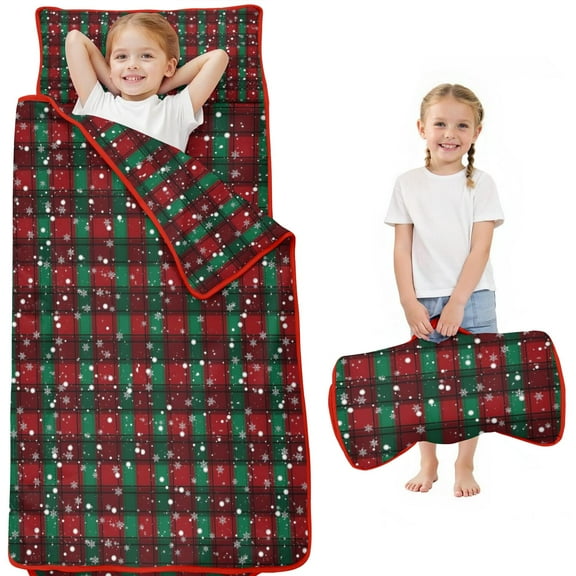 Red and Green Plaid Christmas Snow Pattern Toddler Nap Mats for Kids Preschool,50"x20" Sleeping Mat Bag or Kids,Toddler Sleeping Bag,Toddler Nap Mat or Daycare