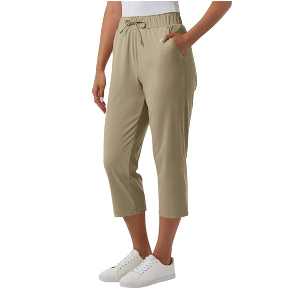 QATAINLAV Women's Capris High Waisted Cropped Golf Pants Drawstring Casual Stretchy Atheltic Running Sweatpantswith Pockets Beige XXL Fall Savings