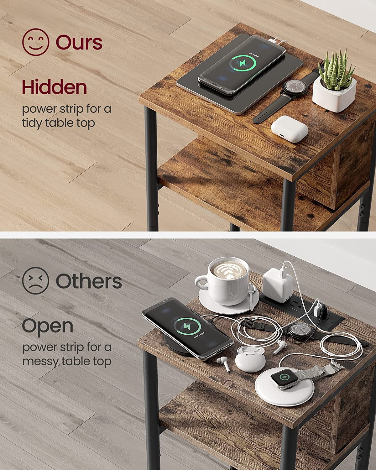 Side Table with Charging Station, 3-Tier End Table Nightstand for Living Room Bedroom Rustic Brown and Black