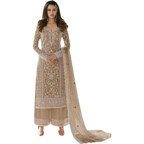 South Asian Wear Pakistani Shalwar Kameez Suits Indian Designer Palazzo Dress ( Cream, S - 38 )