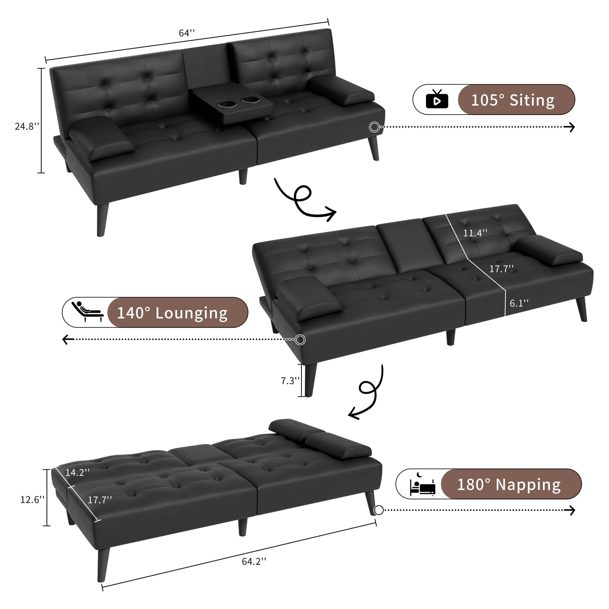 Walsunny Leather Convertible Futon Sofa Bed with 3-Angle Adjustable Split Back, Loveseat Sleeper Sofa Couch for Small Spaces & Guest Rooms, Black