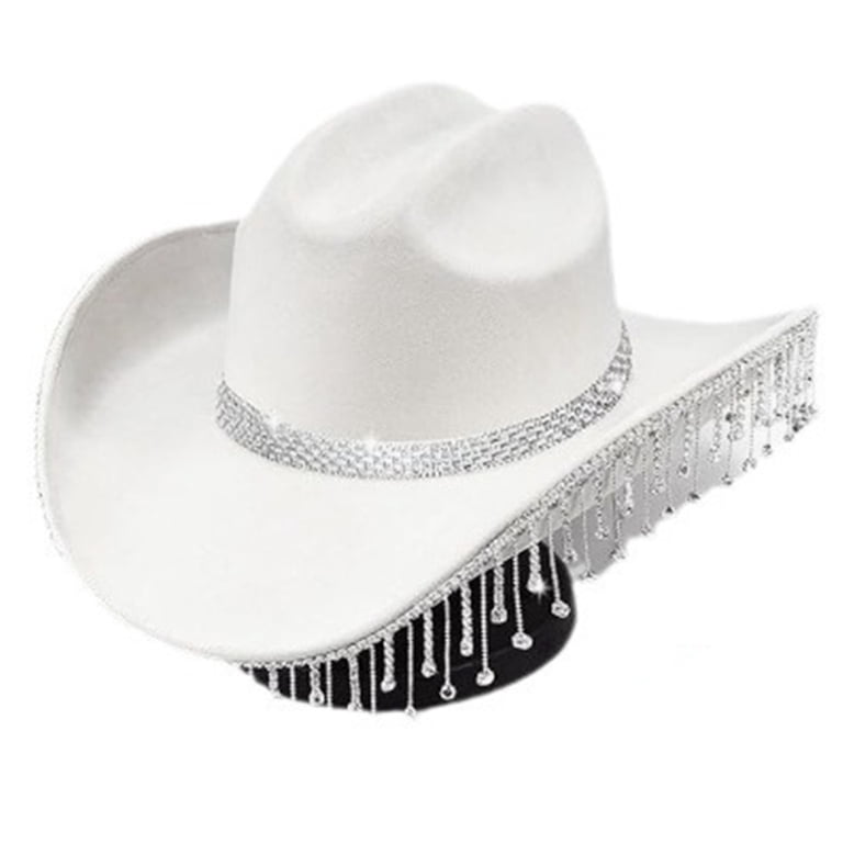 1987 White Cowgirl Hat With Tassels, Shiny Rhinestone Women\'s Cowboy Iridescent White Rhinestone Fringe Cowboy Hat: Festival and  main image 3