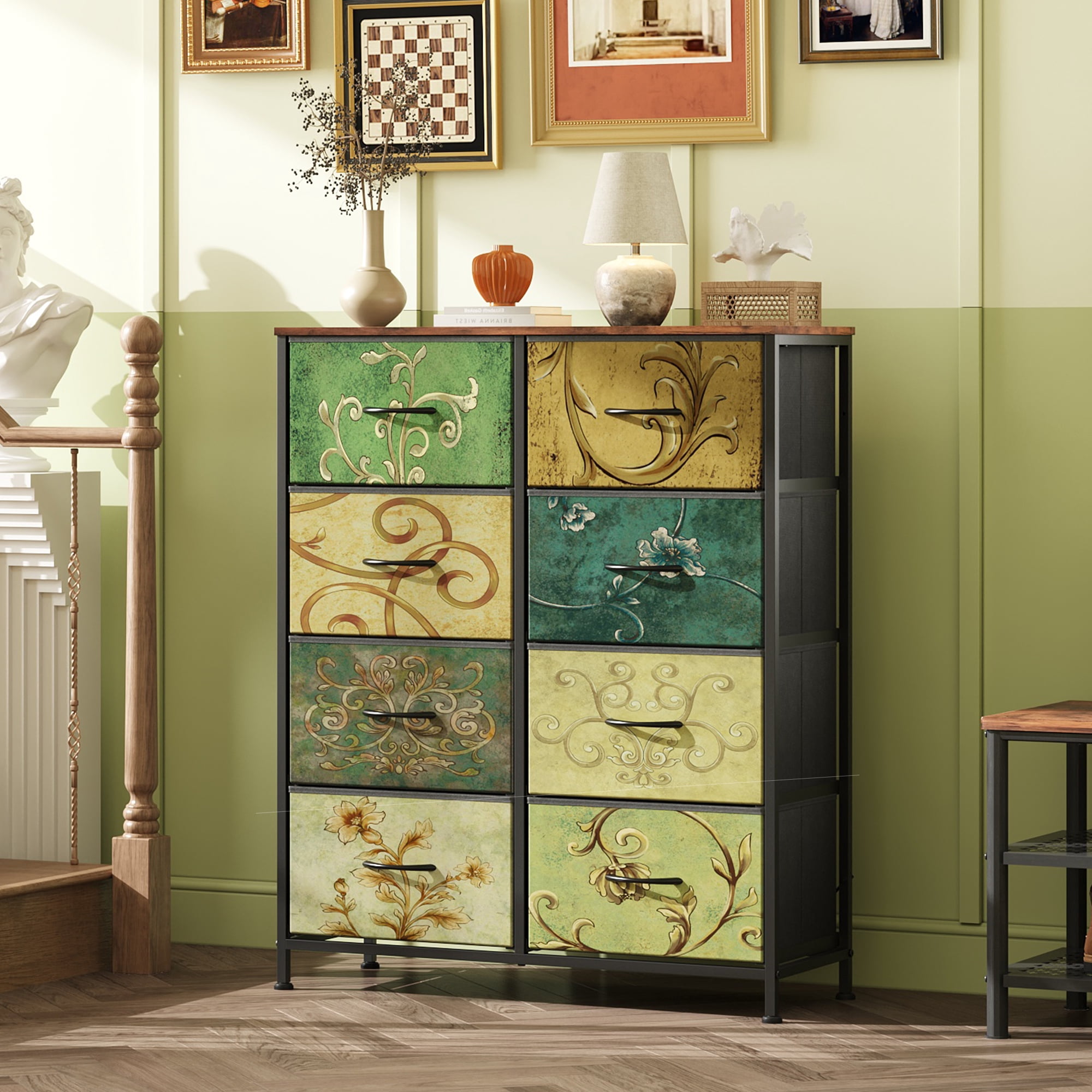GALAXHERO 8 Drawer Fabric Dresser for Bedroom, Storage Bins Chest of Drawer for Closet, Living Room, Hallway, Floral Painted