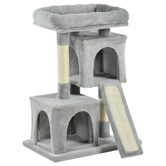 PawHut Plush Cat Tree Tower Activity Center with Sisal Scratching Post Scratching Board Perch Condo, Light Grey