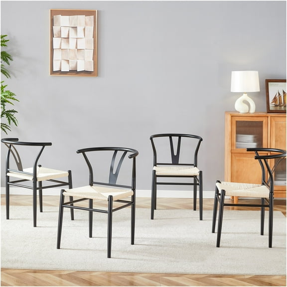 JERFIT Y-Shape Wishbone Dining Chairs, Set of 4, Mid-Century Modern Metal Side Chairs with Woven Rope Seat, Black and White Finish for Kitchen, Dining Room, Cafe