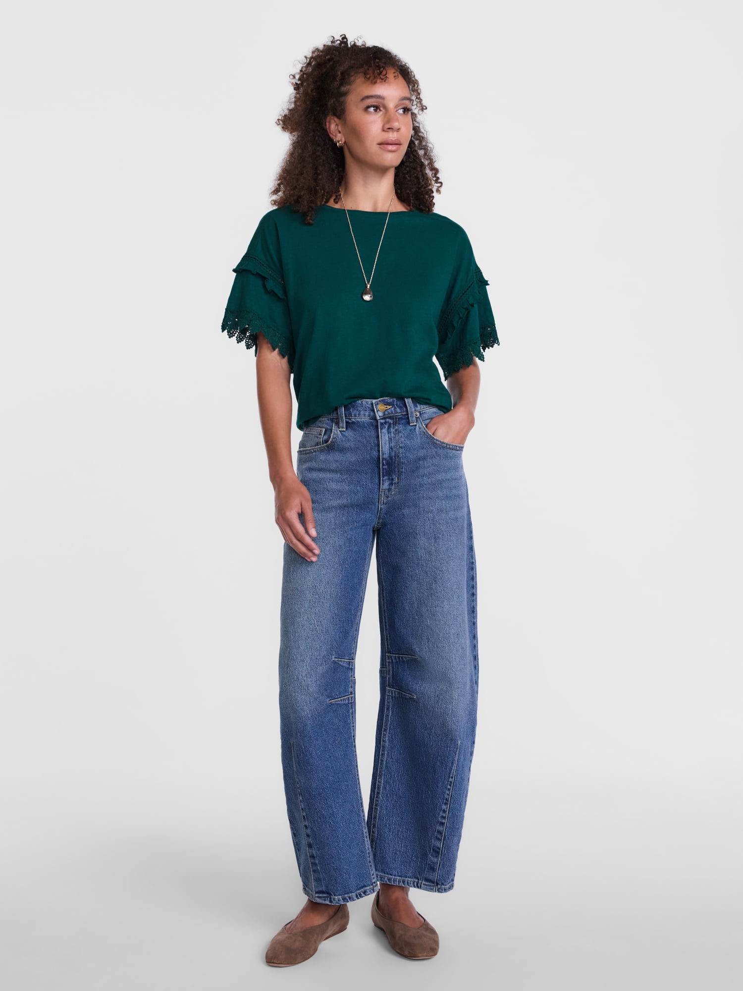 Scenario Women's Lace Trim Tee with Short Sleeves, Size XS-XXXL