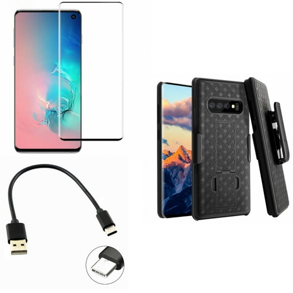 Galaxy S10 Plus (S10 ) - Case Belt Clip w USB Cable w Screen Protector for - Holster Swivel Cover, Short Type-C Charger, Tempered Glass [Fingerprint Unlock] 3D Curved Edge for Samsung Galaxy S10 Plus