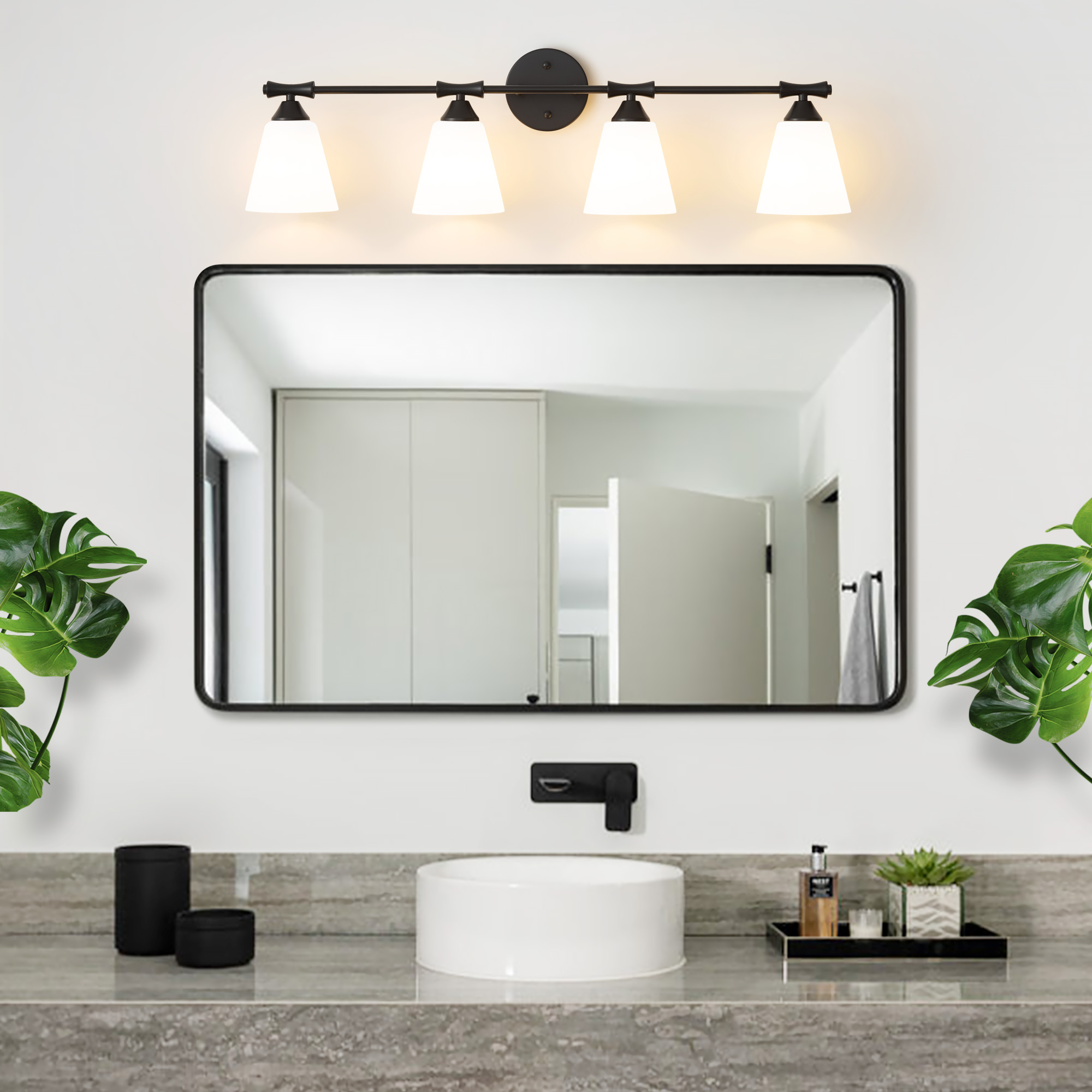 Deyidn Black 4-Light Modern Bathroom Vanity Light - 33.86-Inch Dimmable Bathroom Light Fixture with Milky White Glass Shades for Mirror Lighting