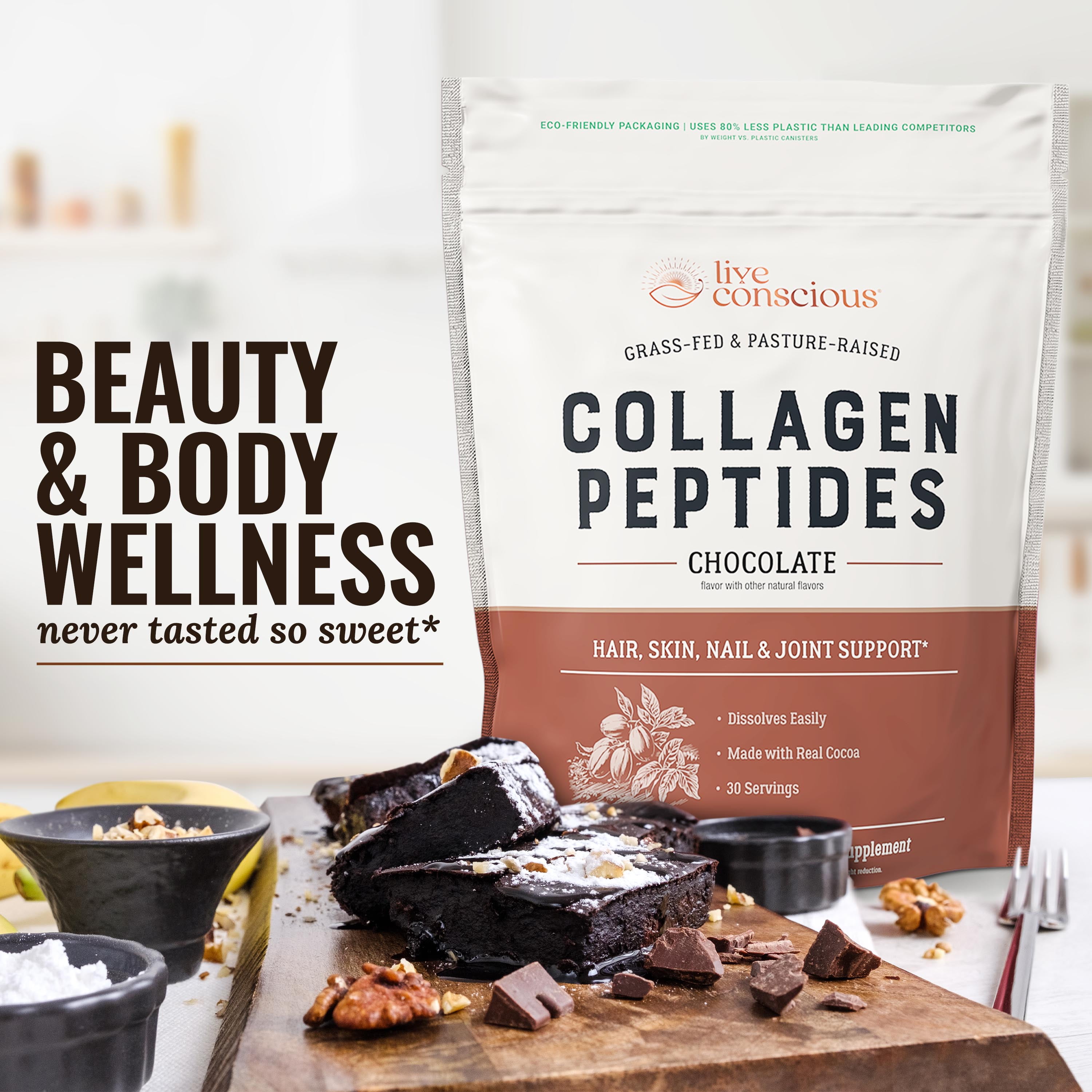 Live Conscious Peptides Chocolate Collagen Powder, Grass-Fed Types I & III, Skin, Hair, Nails & Joint Support, 30 Servings