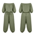 thumbnail image 4 of Women Solid Linen Cotton off the Shoulder Jumpsuit, 3/4 Sleeve Elastic Waist Cuffed Capri Rompers with Side Pockets Summer Beach Vacation Casual One Piece Outfit Green XL(XL), 4 of 6