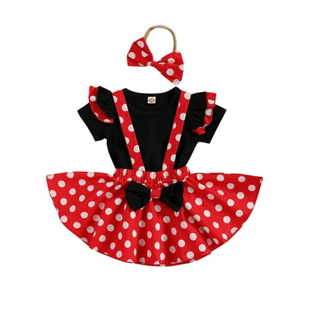 

ZIYIXIN Lovely Summer Infant Kids Girls Clothes 3pcs Polka Dot Ruffles Fly Sleeve T Shirts Tops Strap Dress Headband Sets Red Black 18-24 Months