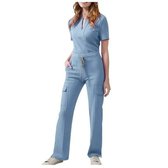 APEXFWDT Women's Scrub Set 2-Piece - V-Neck Short Sleeve Top and Drawstring Straight-Leg Cargo Pants, Medical Workwear,S,Light Blue