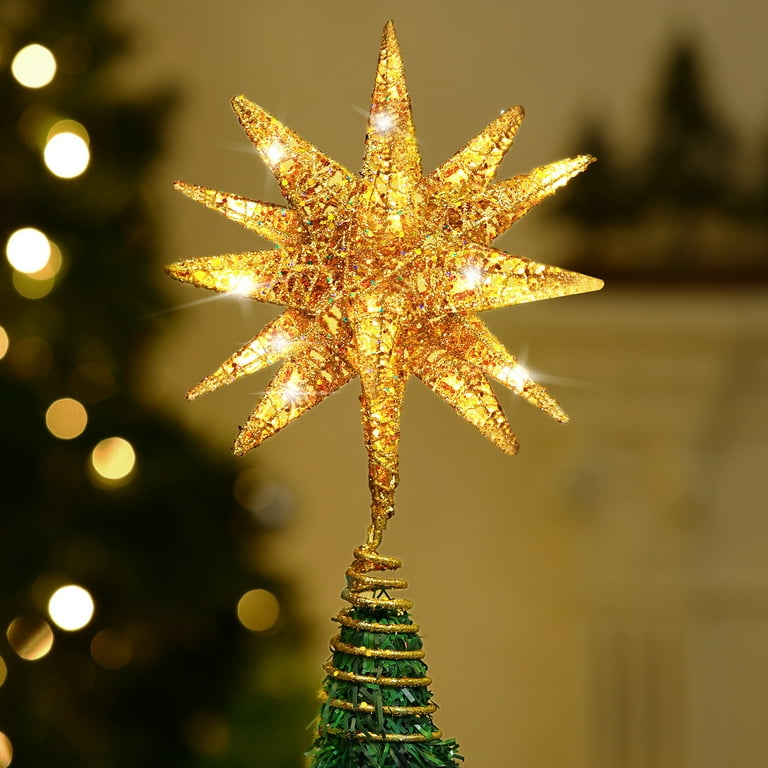 Luxspire Christmas Tree Topper, LED Lighted Tree Topper, 10.6 Double-Layer Glitter Metal 3D Decorations Lights, Built in 60 Bulbs Xmas Star Vintage