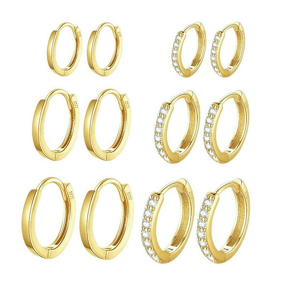 6 Pairs 14K Gold Plated Hoop Earrings Set - Small Mini Hoops with CZ Stones, Hypoallergenic Sterling Silver Cartilage Huggie Earrings for Women, 8/10/12mm