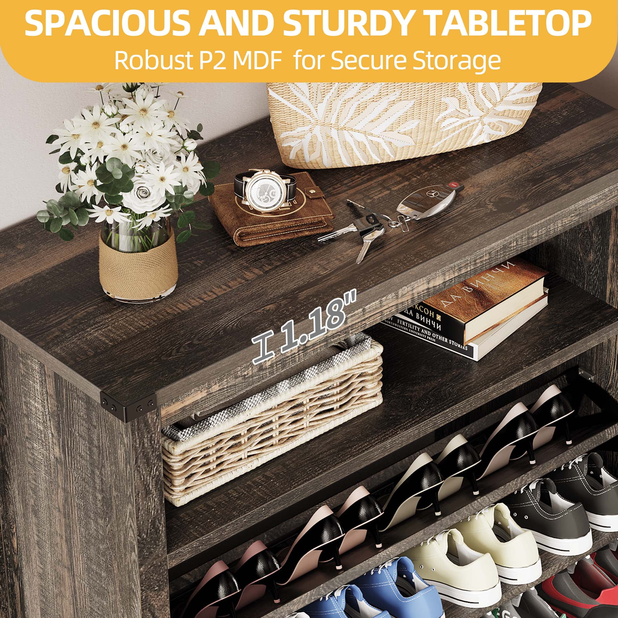 DWVO Shoe Storage Cabinet With 2 Flip Drawers, Farmhouse Wood Shoe Cabinet, FreeStanding Narrow Shoe Rack Organizer With Metal Legs For Entryway, Hallway,Brown