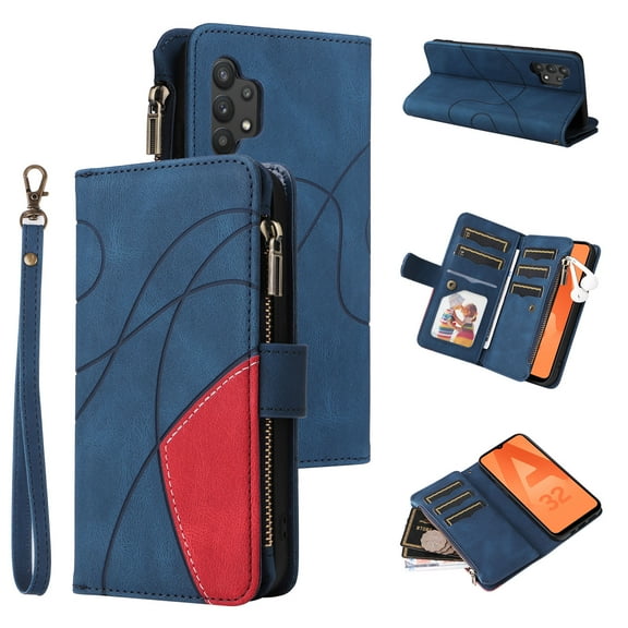 Multifunctional Case for Samsung A32 4G,[RFID Blocking] 9 Credit Cards Holder with Wrist Strap, Premium PU Leather Zipper Wallet Purse Magnetic Flip Phone Cover for Samsung Galaxy A32 4G, Blue