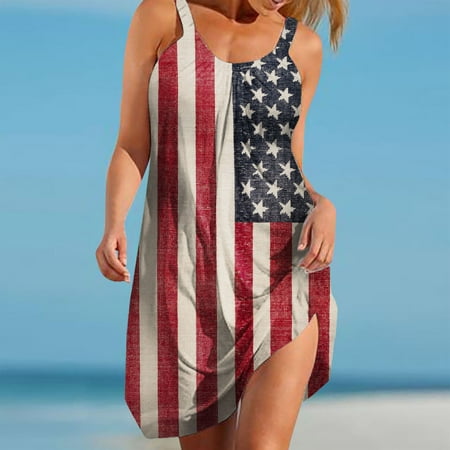 

Hvyesh 4th of July Dresses Women Casual Plus Size Midi Dress Beach Print Crew Neck Sundresses Comfortable Spaghetti Strap Sleeveless Tunic Dresses 2023 White