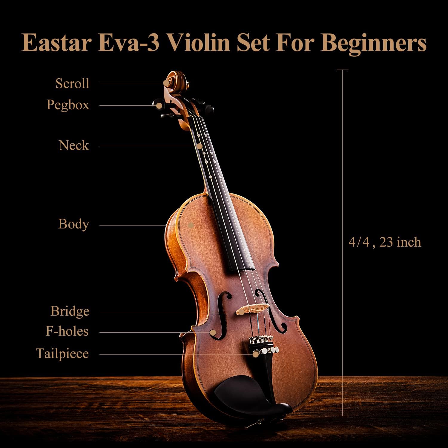 Eastar Student Beginners Acoustic Violin Adults 4/4 Full-Size Violin Set  Matte Fiddle for School Band Imprinted Guide on Fingerboard EVA-3 