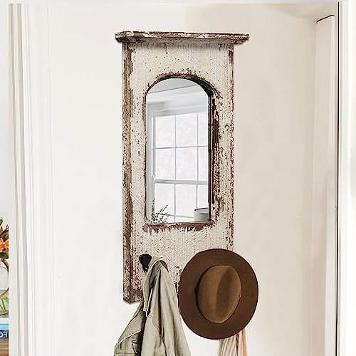 Rustic Entryway Arched Wall Mirrors with 3 Metal Hooks 12" x 22", Hanging Distressed White Wood Frame Farmhouse Bathroom Mirrors for Vanity, Ornate Mirror Wall Decor Living Room
