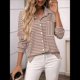 thumbnail image 5 of Camisas de Mujer con Botones, Blusas Clásicas A Rayas de Larga con Cuello y Bolsillo para Oficina. Caqui M, 5 of 9