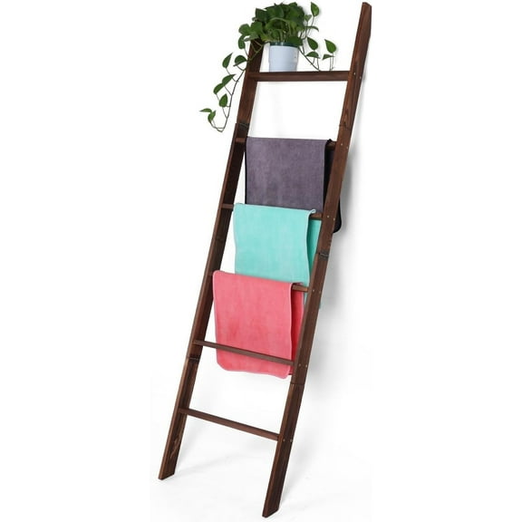 Blanket Ladder for Living Room and Bedroom,6-Tier Decorative Display Ladder Shelf,Ladder Rack for Storage and Decor,Wall Leaning Farmhouse Blanket Storage,Towel Rack, Bathroom,Brown