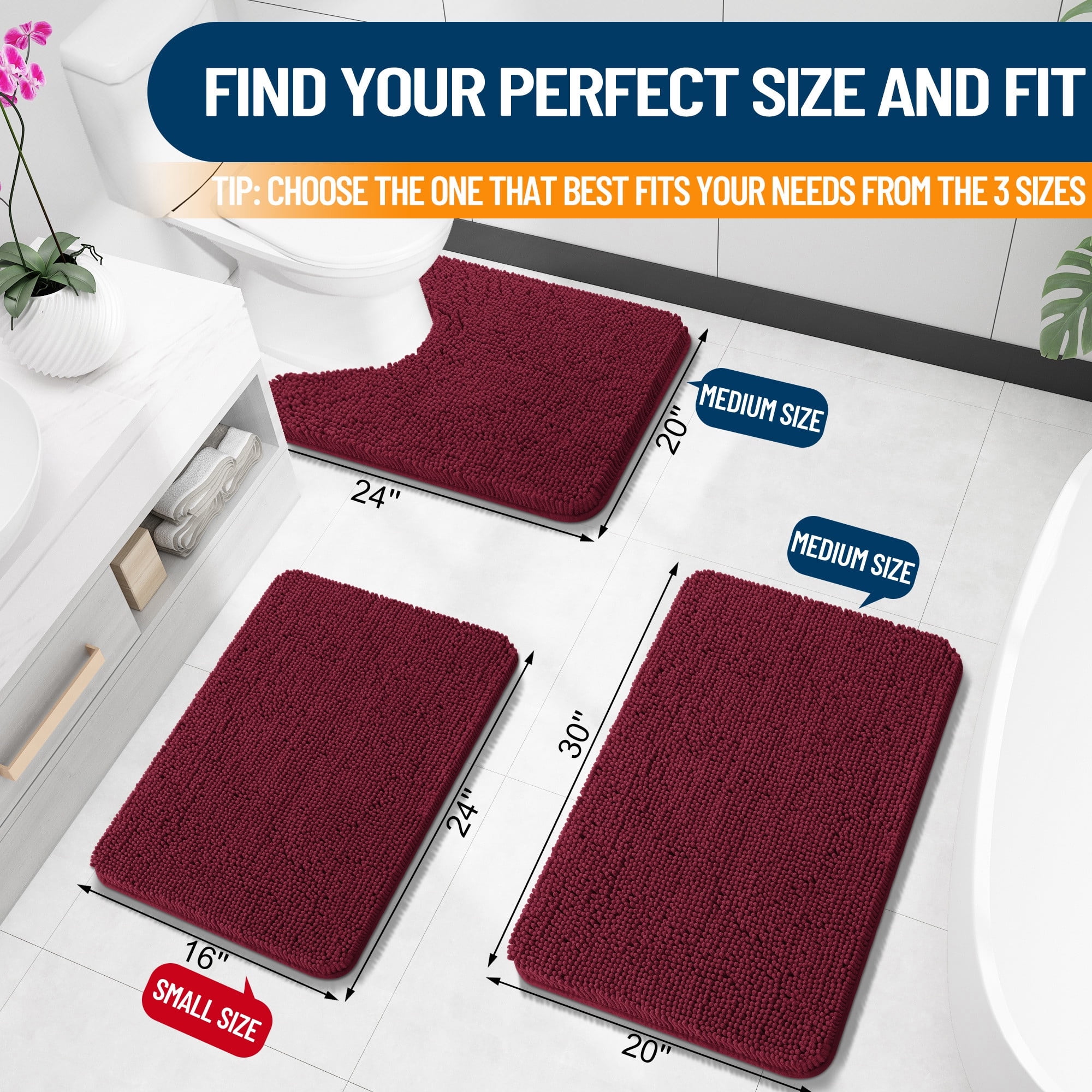 Buganda Bathroom Rugs 30x20, Quick Dry Machine Washable Chenille Bath Mats with Rubber Backing, Burgundy