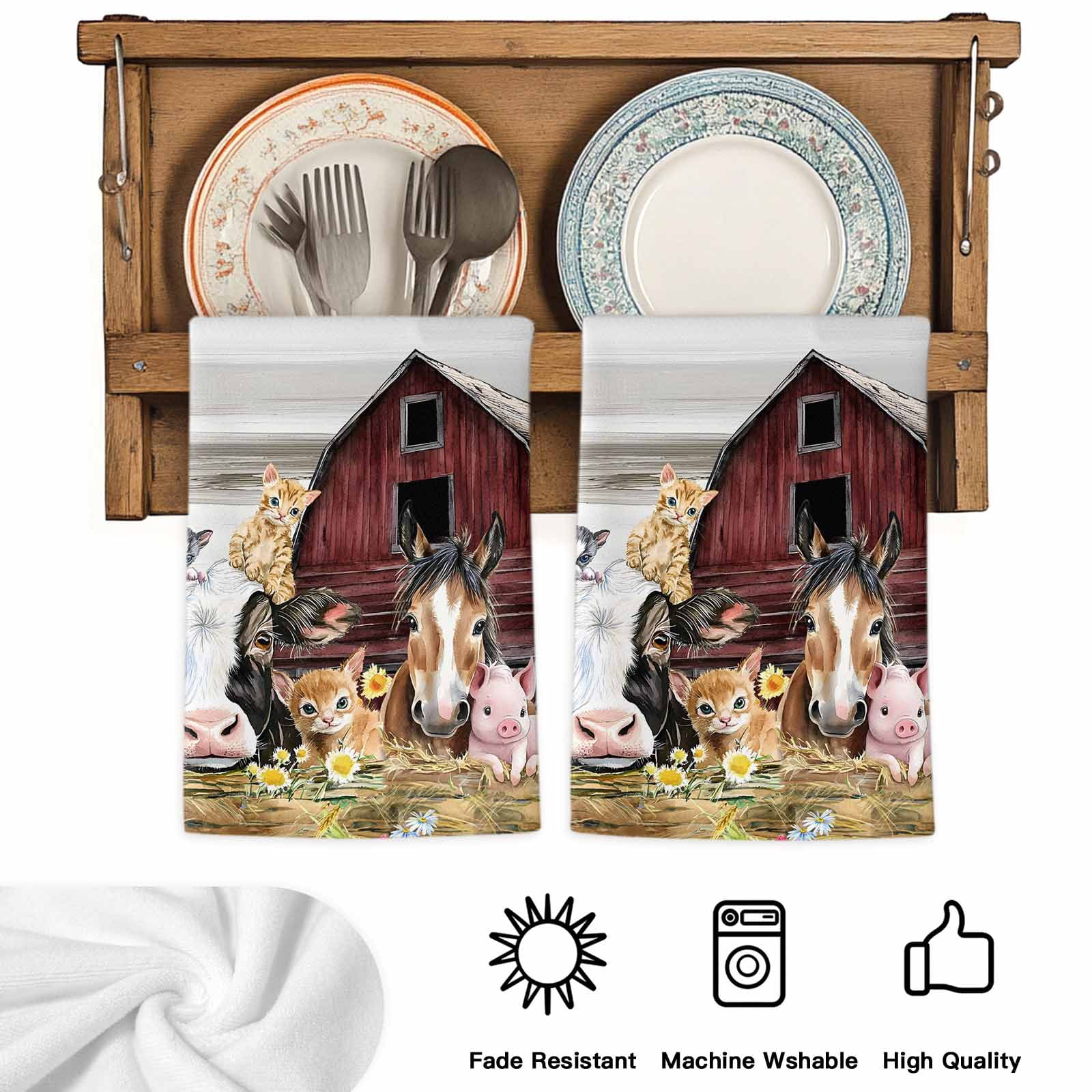 Dish Towels, Farm Animal Absorbent Kitchen Towels 2 PCS, Barn Horse Pig Cow Microfiber Hand Towels Dish Cloths Tea Towels for Home&nbsp;Bathroom Cleaning Drying,18X28-Inch,