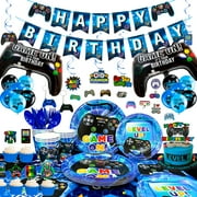 213 Pcs Video Gamer Birthday Party Decorations & Video Game Party Supplies Set Includs Video Game Party Plates Cups Napkins Tablecloth Banner Balloons ect Game Themed Party Decorations,16 Guests