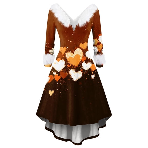 Valentines Day Dresses for Women Plus Size V Neck Long Sleeve High Low Dresses Plush Collar Vintage Holiday Party Dress Black XL