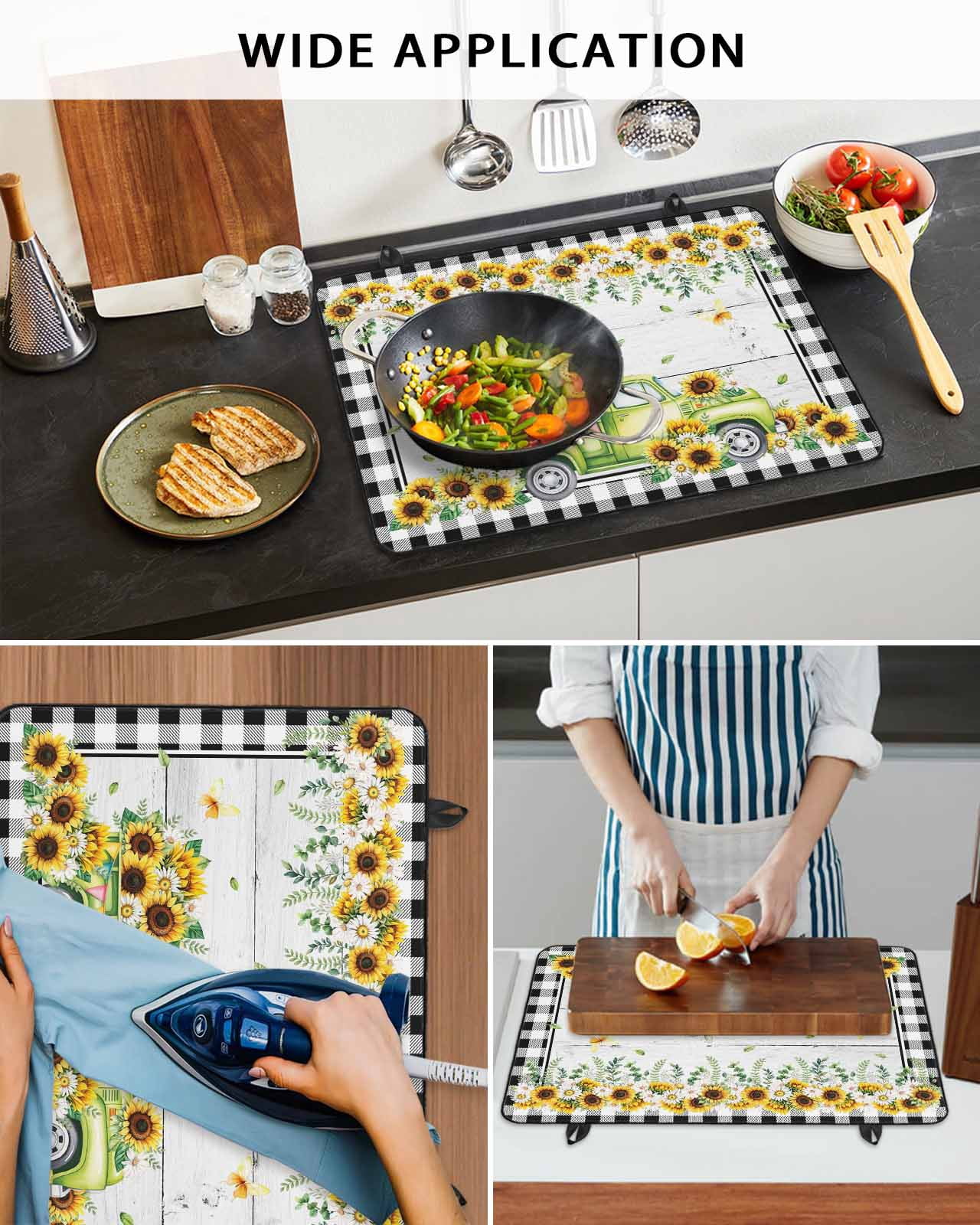 Large Induction Cooktop Protector Mat Sunflowers Stove Top Covers for Electric Stove, Spring Farmhouse Country Truck Leaf Wood Grain Decorative Stove Burner Cover Mats, Glass Top Stove Cover