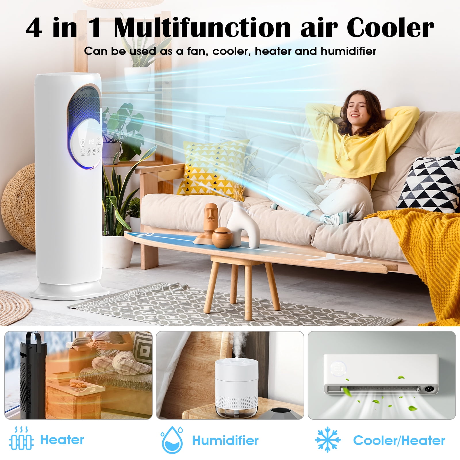 Advwin 4-in-1 Portable Air Conditioner & Space Heater Combo with Humidifier, Evaporative Cooler & Tower Fan for Home, Remote, 1 Gal Water Tank, 2 Ice Packs, Timer (White)
