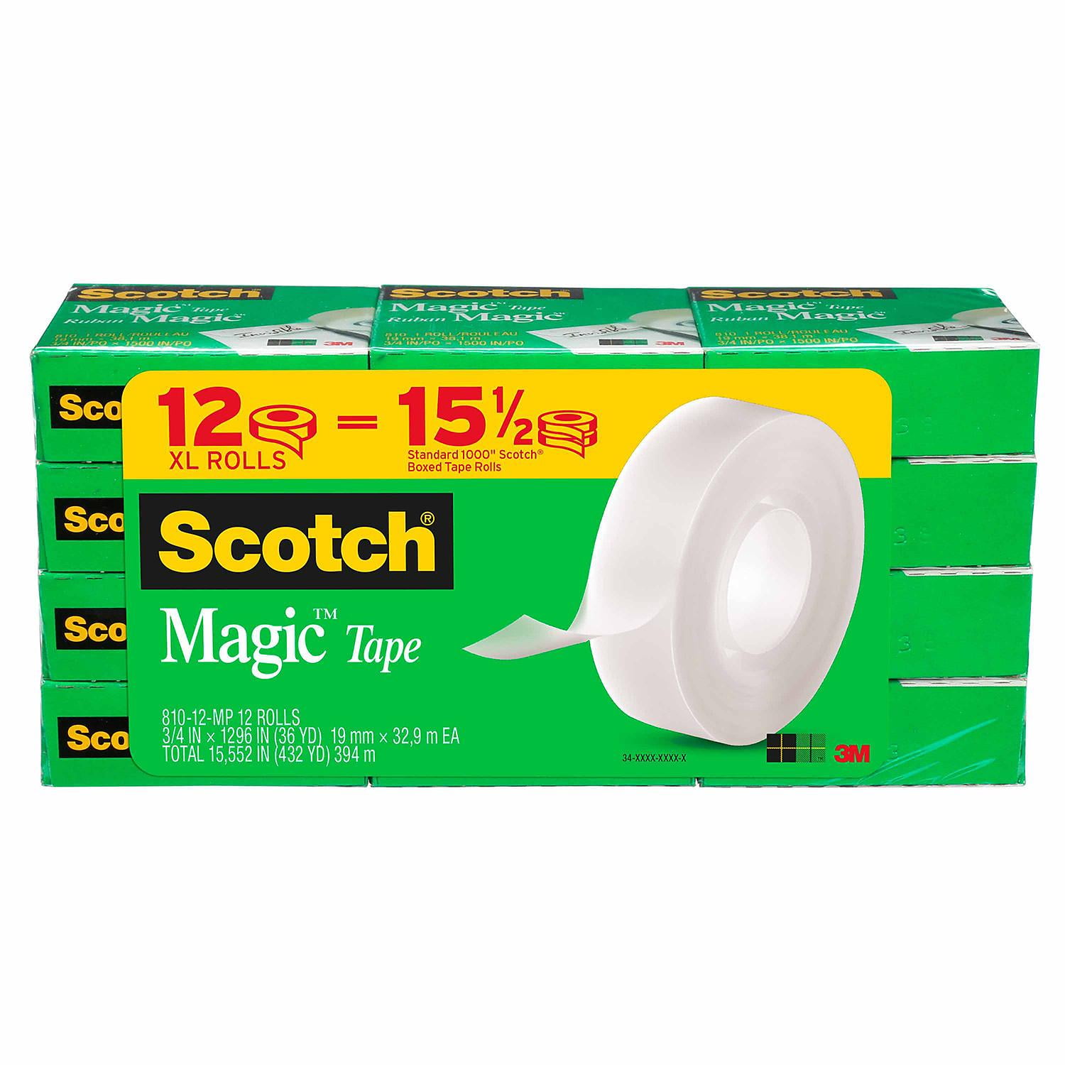 Scotch Magic Tape, 1" Core, 3/4" x 1296", Clear, 12pk.