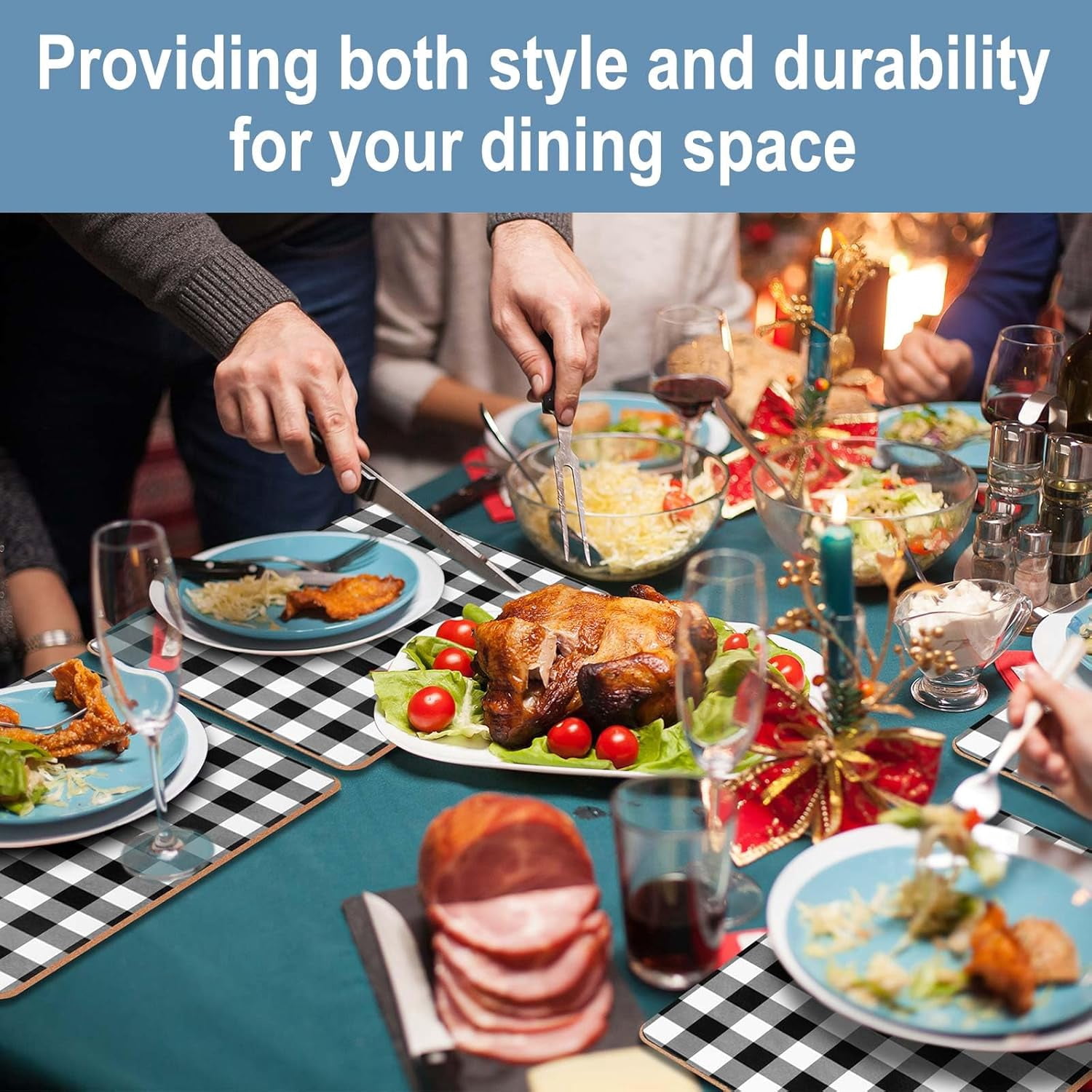 Plaid Cork Placemats Set of 8 Gingham Placemats 16 x 12'' for Kitchen and Dining Tables Heat Resistant Hard Thick Cork Backed Easy Clean Table Mats