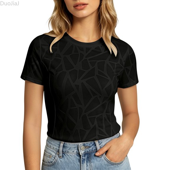 DuoJiaJ Womens Short Sleeve Top, Crew Neck Slim Fit Semi Transparent Workout Black L