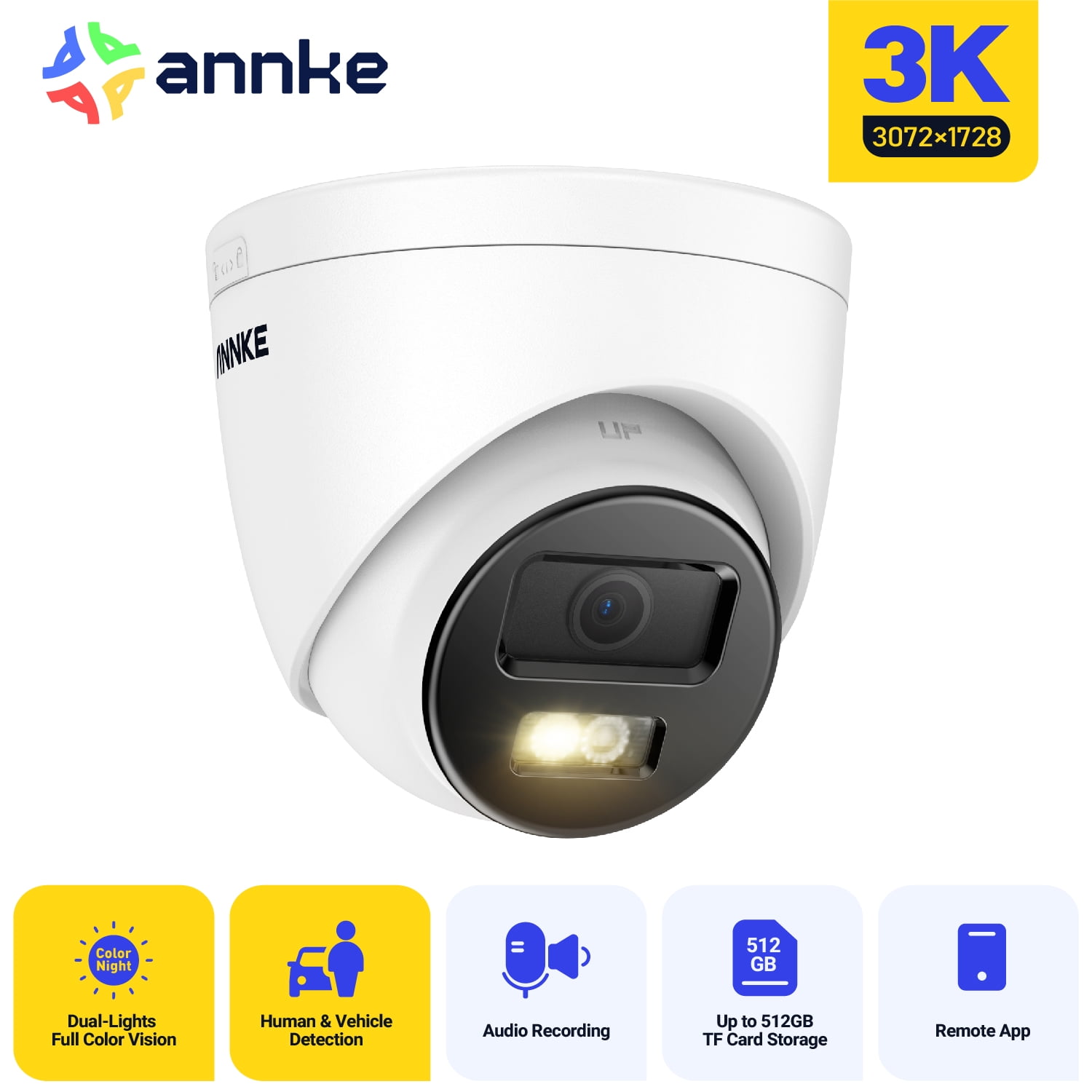 ANNKE 3K PoE Security Camera, Outdoor Turret Surveillance Wired Cameras for Home Security, AI Human/Vehicle Detection, Smart Dual Light, Color Night Vision, 120 dB WDR, 2.8mm Lens, Built-in Mic