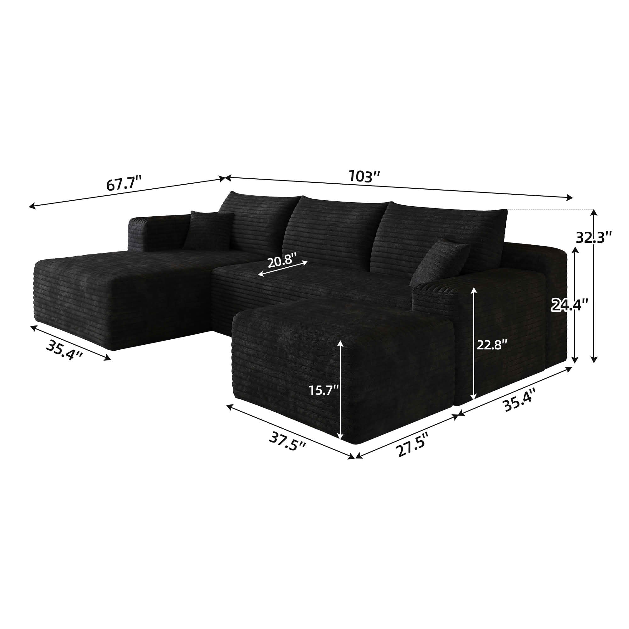 MAYEERTY 103 Inch L‑Shaped Cloud Sectional Sofa with 1 Ottoman, Modern Minimalist Deep‑Seat Corner Couch, Plush Corduroy Upholstered Reversible Sofa, No‑Assembly Required for Living Room Apartment