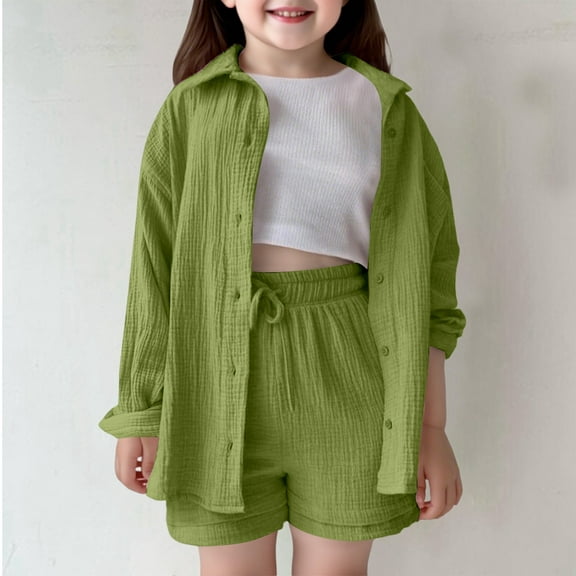 GBSYEWXS Toddler Teen Girls Outfits Sets Cute Solid Color Lapel Neck Shirts Shorts 2025 Long Sleeve Army Green Clothing Set Size 5 Years-6 Years
