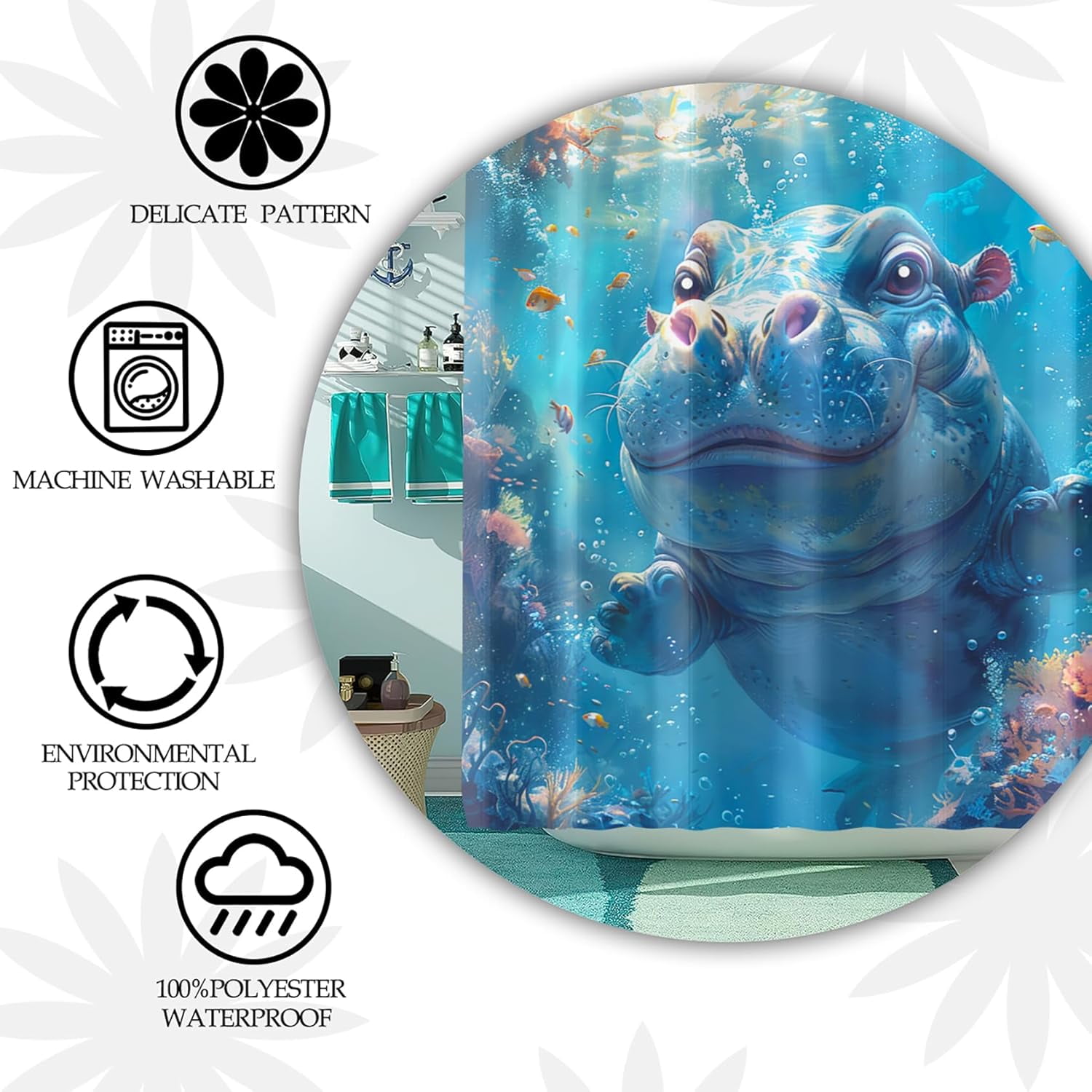 4 Pcs Shark Shower Curtain Set - Shark Bath Curtain, Blue Shark Bathroom Ocean Themed Shower Curtain for Kids Boys Girls, Sea Animal Shower Curtain with Rug, Toilet Cover, Bath Mat with 12 Hooks