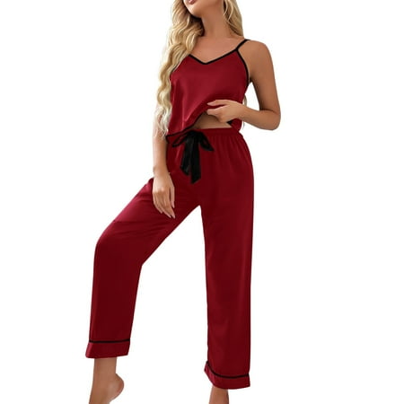 

Sebtyili Women S Ice Silk Suspenders Pants Pajamas Women Spring and Summer Ties Thin Straight Pants Home Wear Home Suit